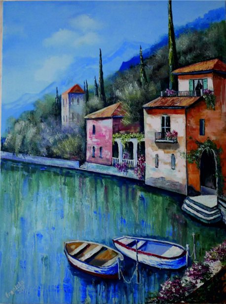 Oil painting coast, with boats, mountains and houses